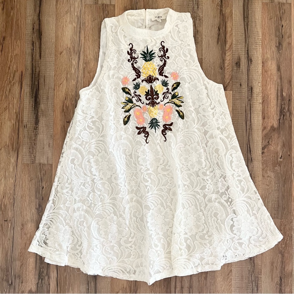 Umgee Pineapple Embroidered White Lace Mini Dress - Picture 1 of 8